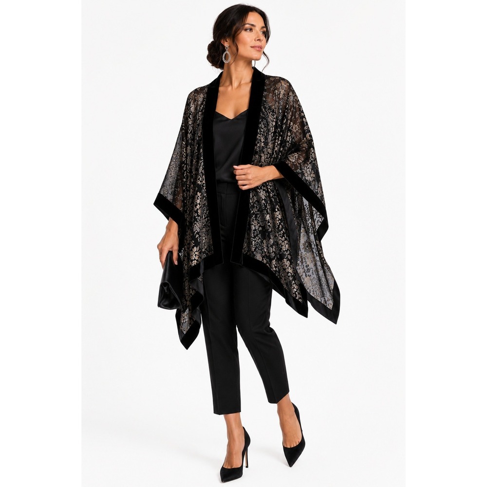 J. Jill Burnout Velvet Floral Ruana Poncho Black Metallic XL-3X NWT